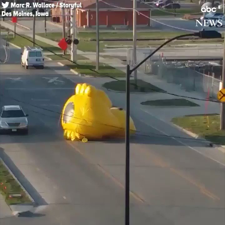 A large inflatable duck escaped a charity event in Des Moines, Iowa, after breaking free of its tethers, and was spotted tumbling down a road as motorists calmly drive by.    