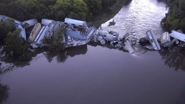 Nearly 40 train cars piled up after a massive derailment in Iowa