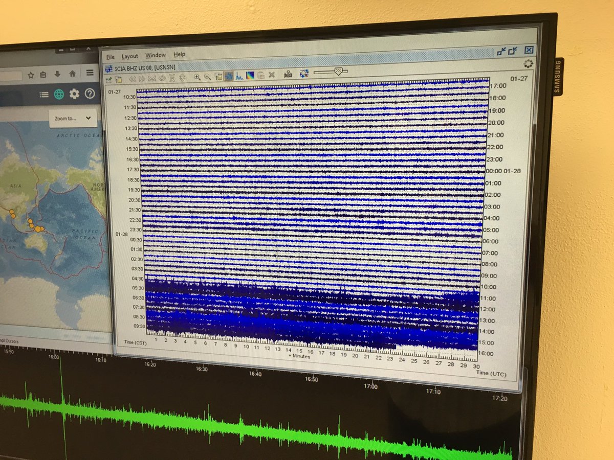 Seismic signature of the #PolarVortex2019 rolling across Iowa. The string signal (wind) starts about 4:50 CST, right on time. ⁦