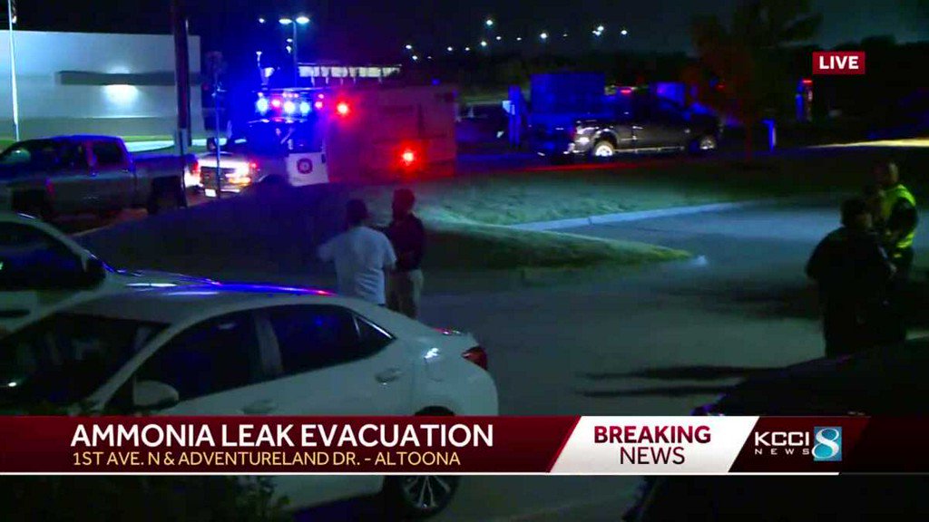 An ammonia leak at Iowa Cold Storage in Altoona caused several businesses to evacuate Thursday night.
