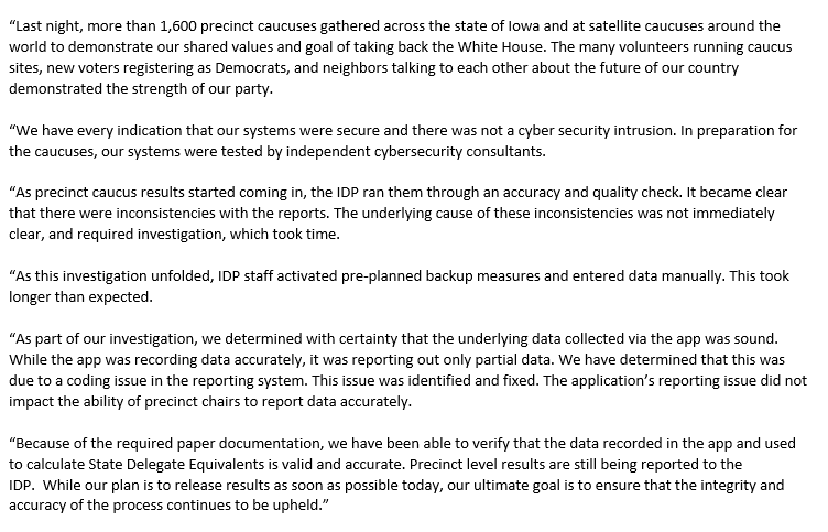 Iowa Democratic Party says it has determined with certainty that data collected at caucuses  app was sound; precinct level results are still being reported, and plan is to release results as soon as possible