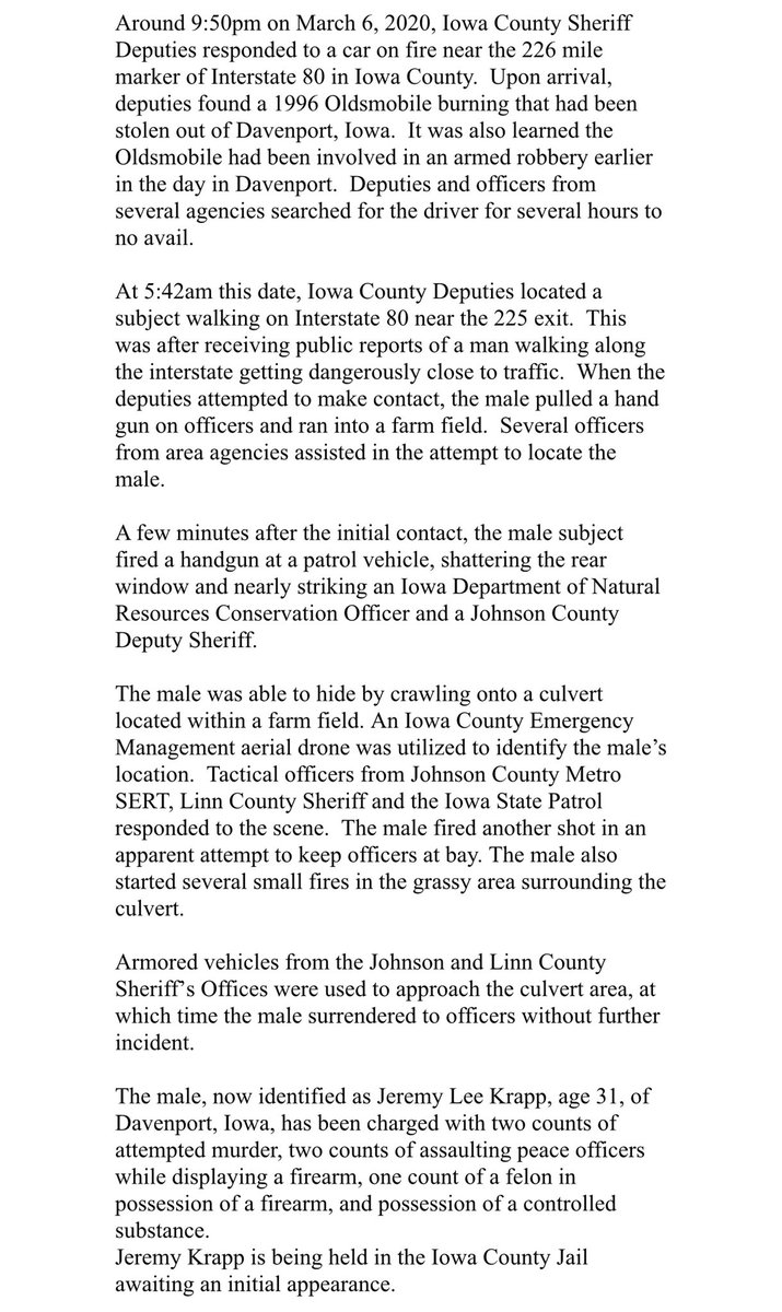 Suspect in custody after standoff near I-80 WB Exit 225 this morning. Jeremy Krapp, 31, accused of stealing car in Scott County last night and shooting at law enforcement in Iowa County and setting fires in field. Almost a dozen agencies responding