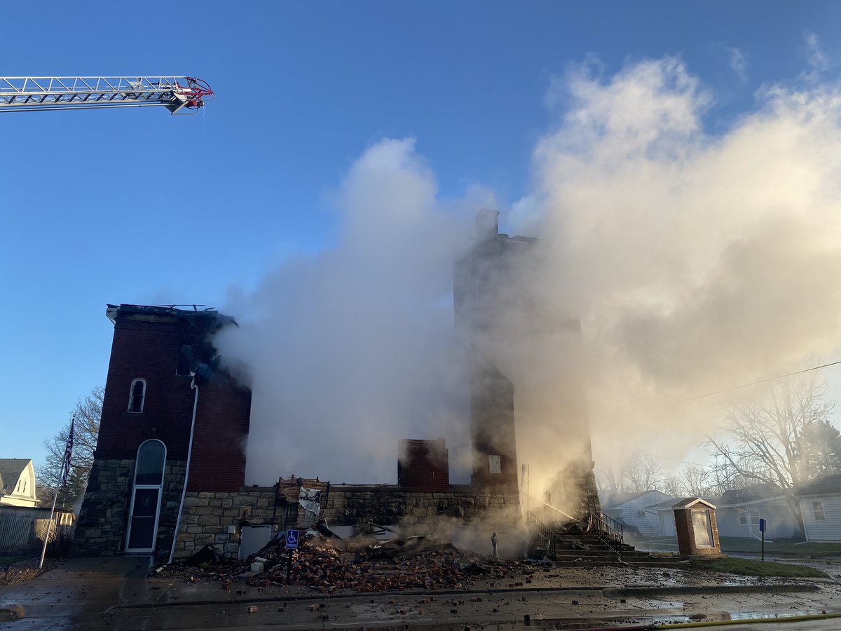 Fire crews from across Marion County are still working to put out the massive fire at Christian Church. these photos the progress made here in Pleasantville. Flames continue though to come from the basement.