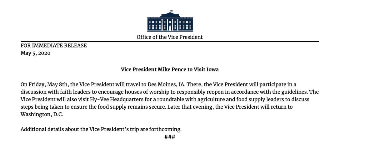 On Friday, @VP to travel to Des Moines, Iowa, for a discussion with faith leaders to encourage houses of worship to responsibly reopen in accordance with the guidelines.