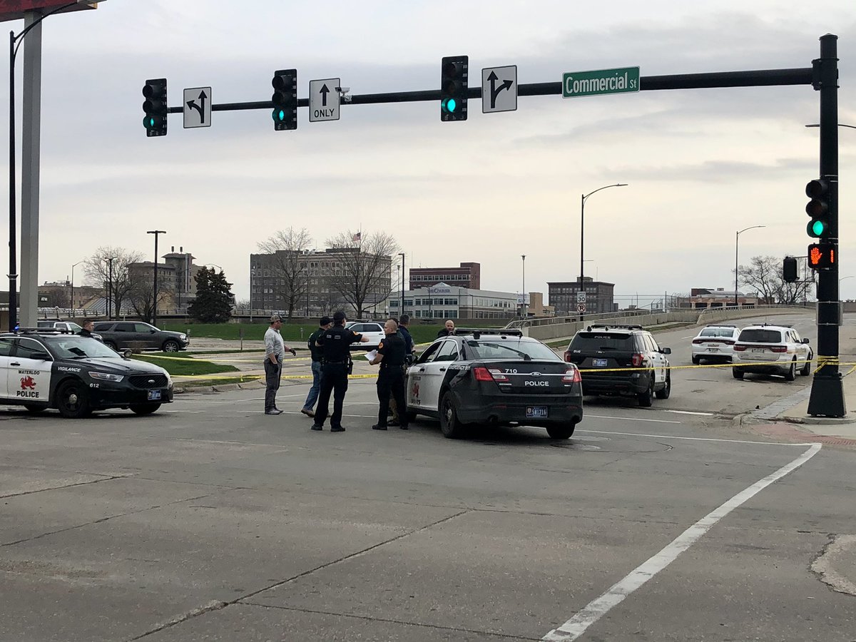 Scene in Waterloo at W 6th and Commercial St. where an officer-involved shooting happened early this morning. A man was reportedly walking around with a gun before an officer shot him